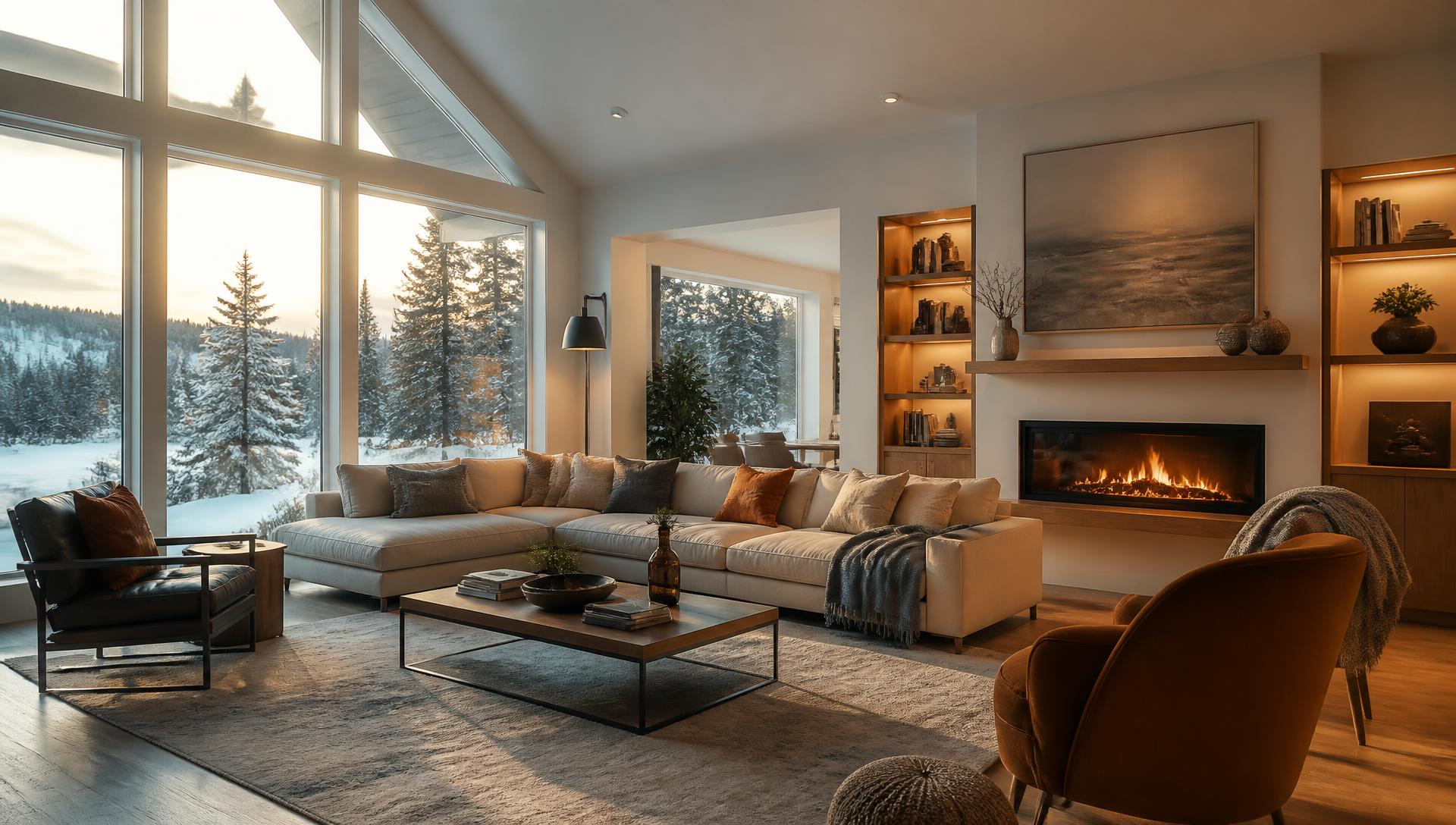Warm, comfortable Edmonton living room with a winter view — home comfort by MR HVAC